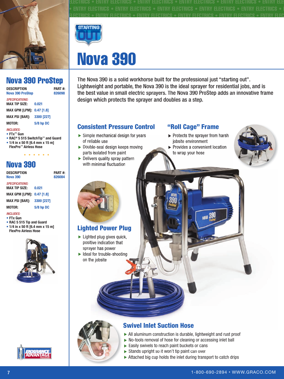 Nova 390, Ultimate nova 395, Nova 390 prostep | Roll cage” frame, Lighted power plug, Consistent pressure control, Swivel inlet suction hose | Graco Inc. Ultra Max II 795 User Manual | Page 8 / 24