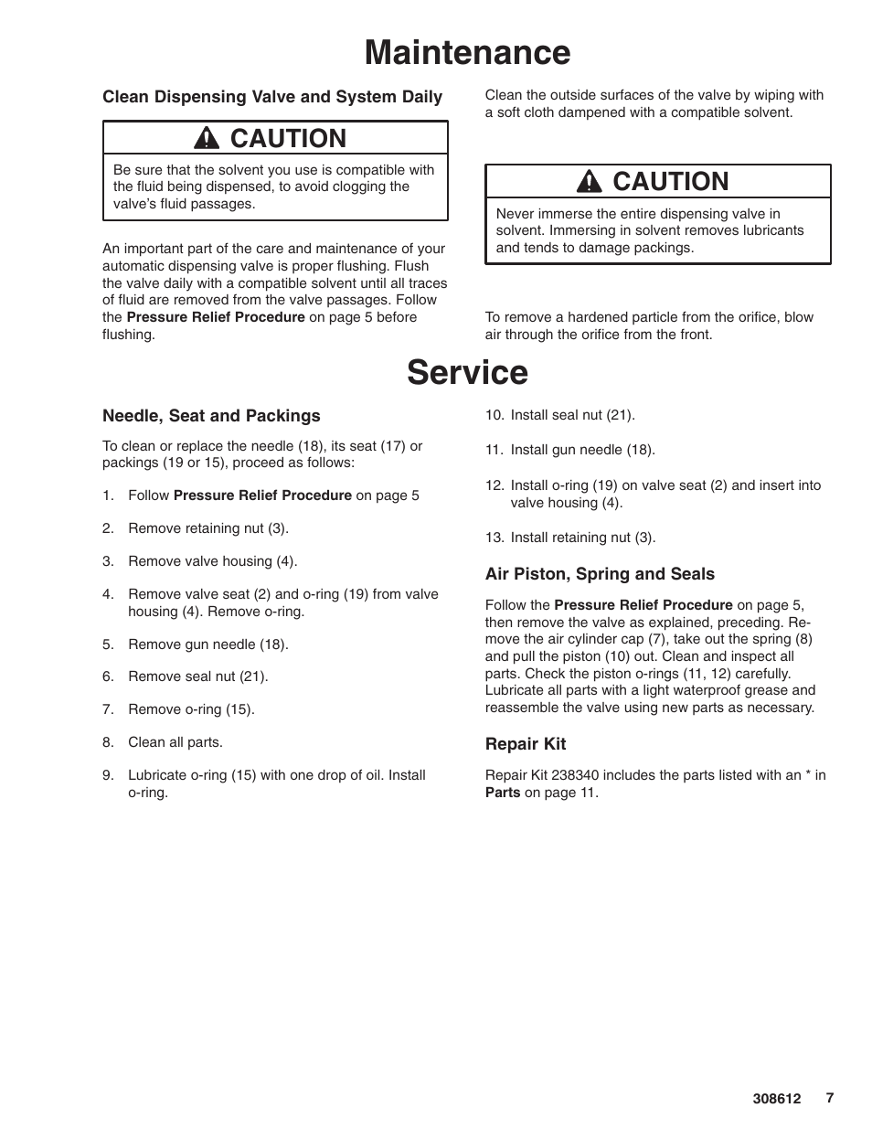 Maintenance, Service, Caution | Graco Inc. 238338 User Manual | Page 7 / 12
