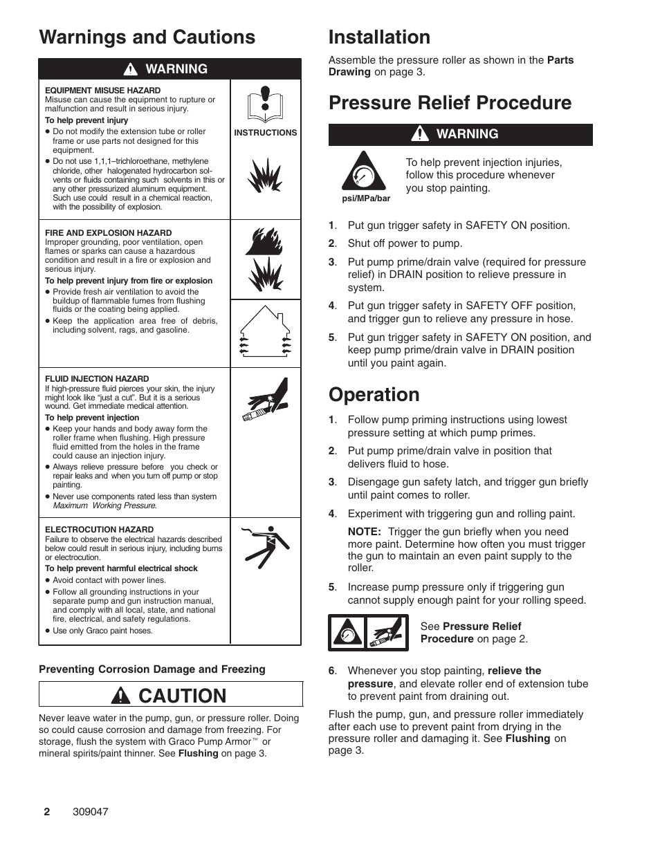 Warnings and cautions, Caution, Installation | Pressure relief procedure, Operation | Graco Inc. 309047 User Manual | Page 2 / 4