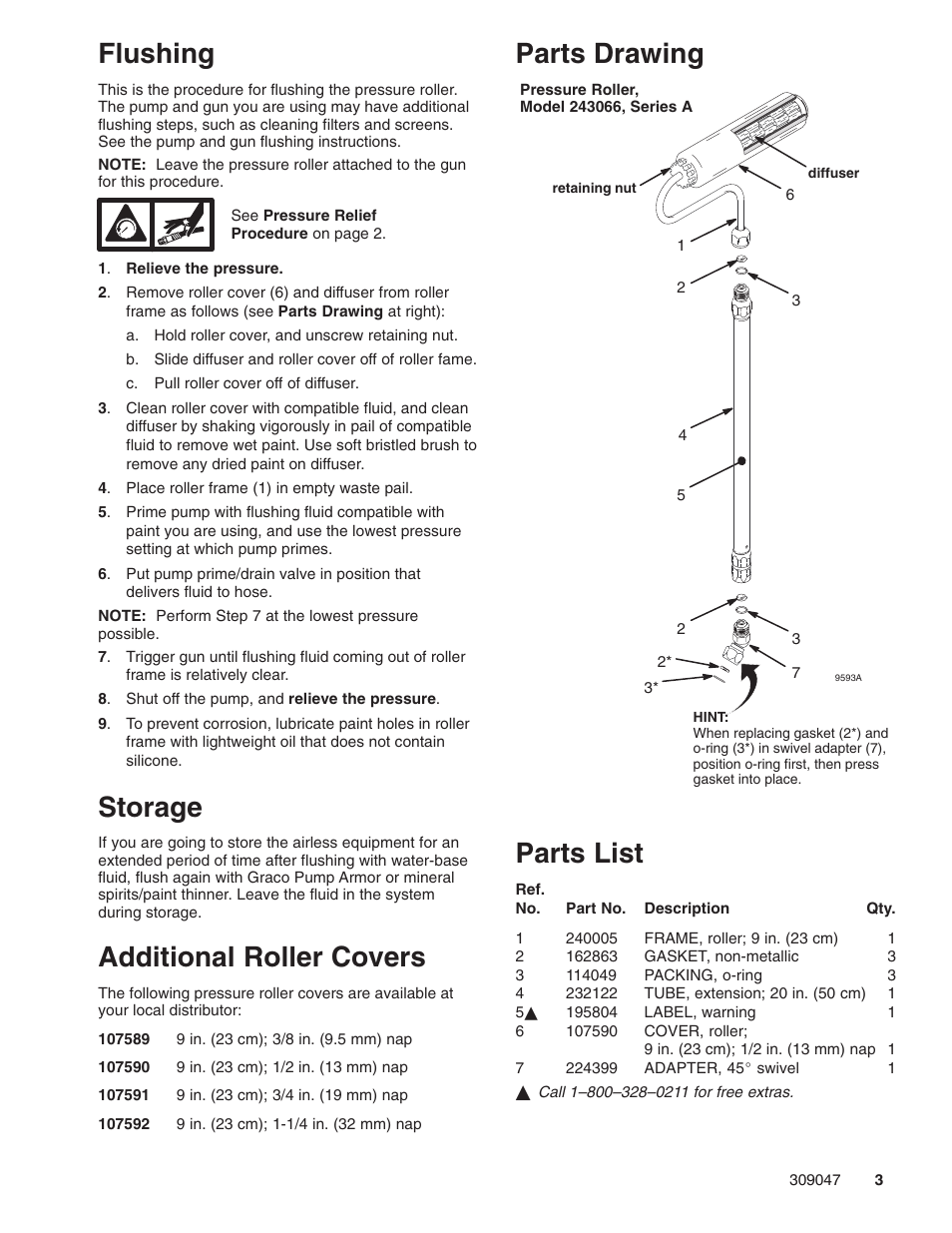 Flushing, Storage, Additional roller covers | Parts drawing, Parts list | Graco Inc. 309047 User Manual | Page 3 / 4