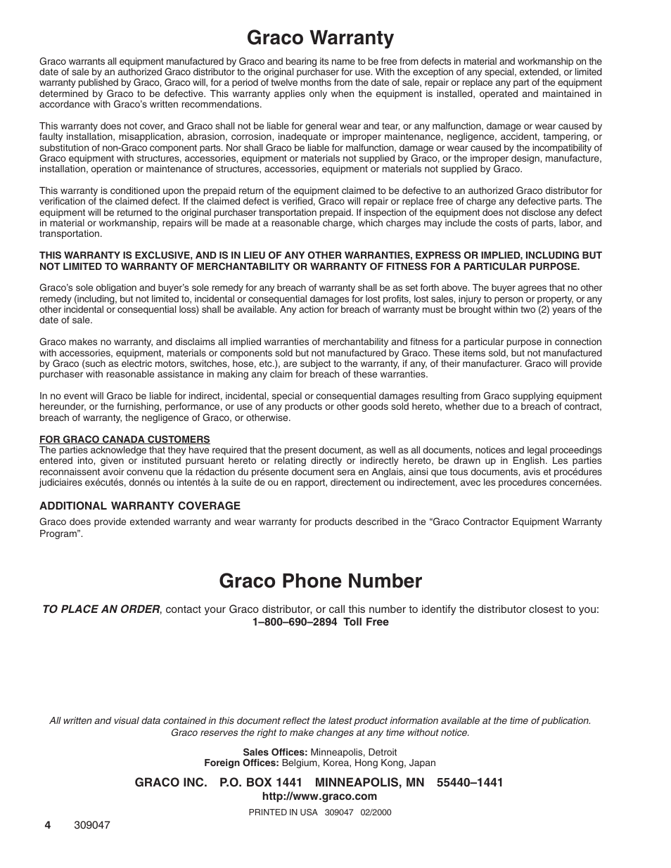 Graco warranty, Graco phone number | Graco Inc. 309047 User Manual | Page 4 / 4