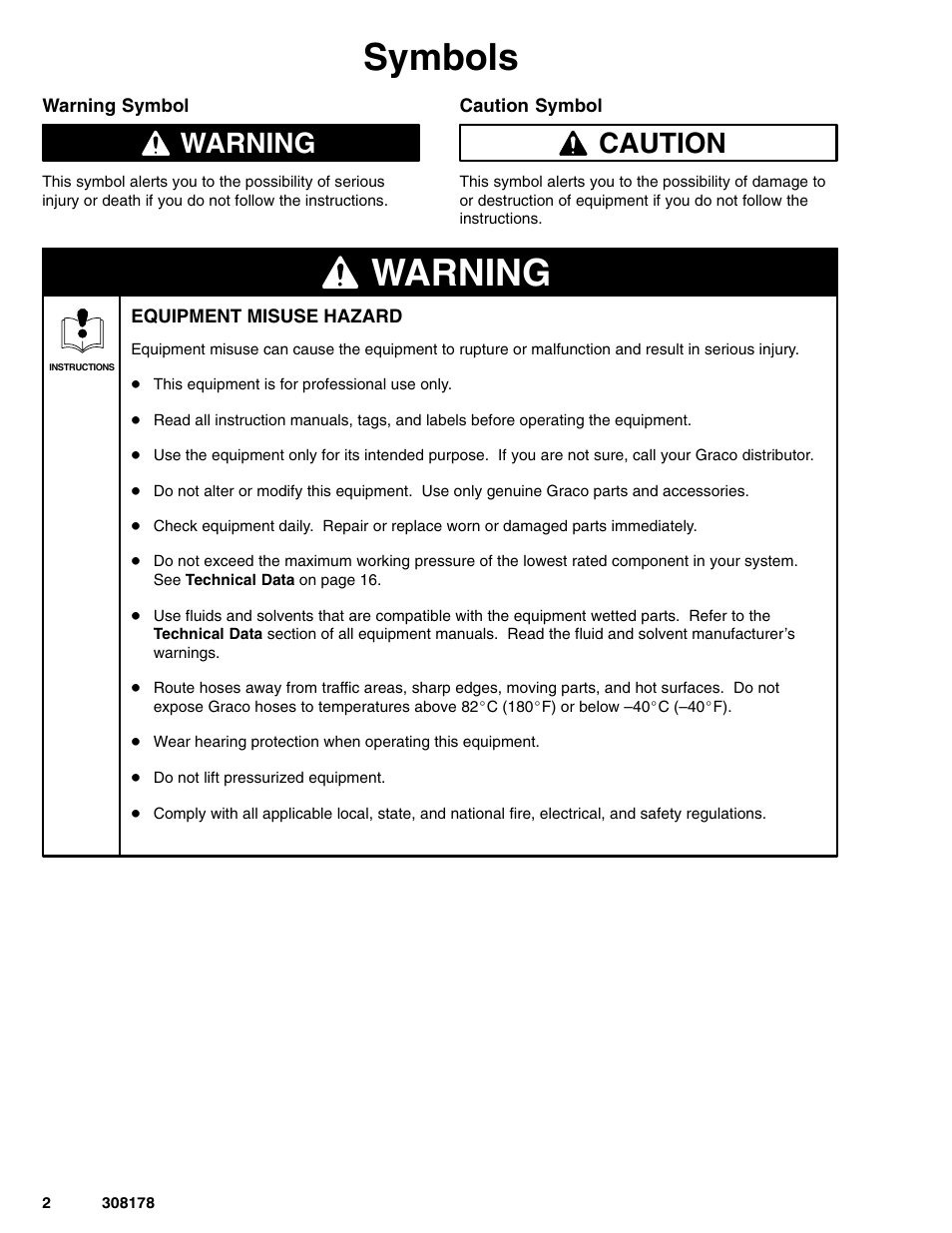 Symbols, Warning, Caution | Graco Inc. 308178 User Manual | Page 2 / 20