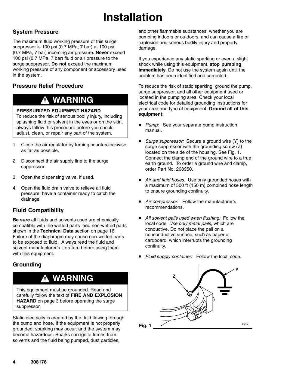 Installation, Warning | Graco Inc. 308178 User Manual | Page 4 / 20