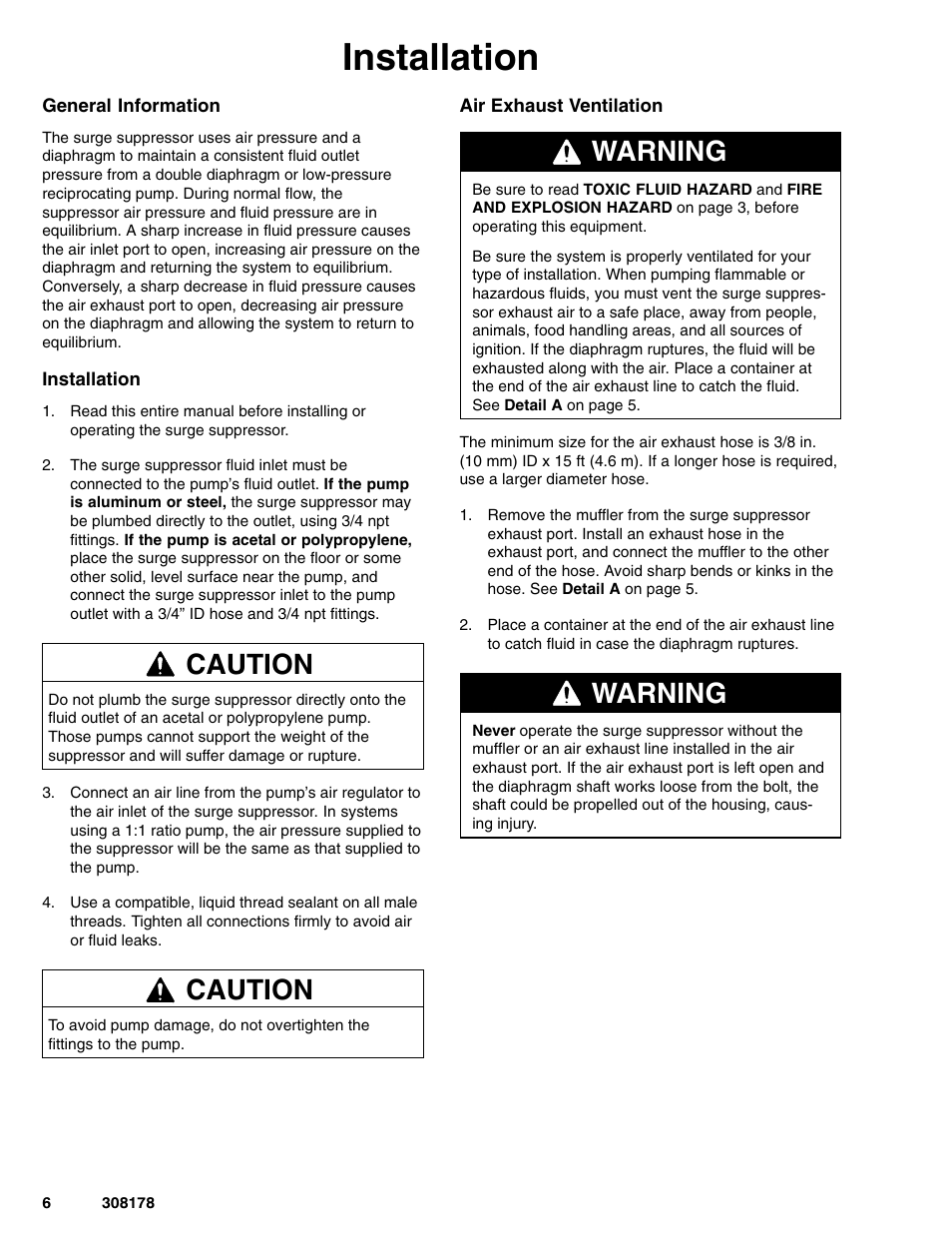 Installation, Caution, Warning | Graco Inc. 308178 User Manual | Page 6 / 20