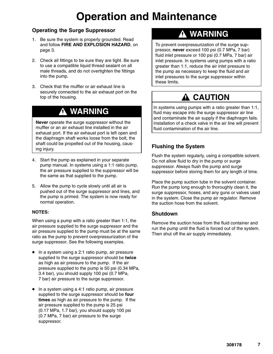 Operation and maintenance, Warning, Caution | Graco Inc. 308178 User Manual | Page 7 / 20