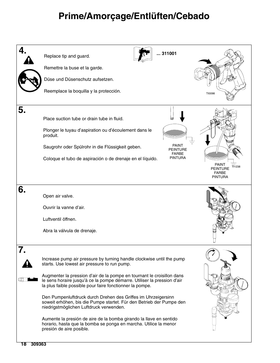 Prime/amorçage/entlüften/cebado 4 | Graco Inc. Xtreme 309363E User Manual | Page 18 / 28