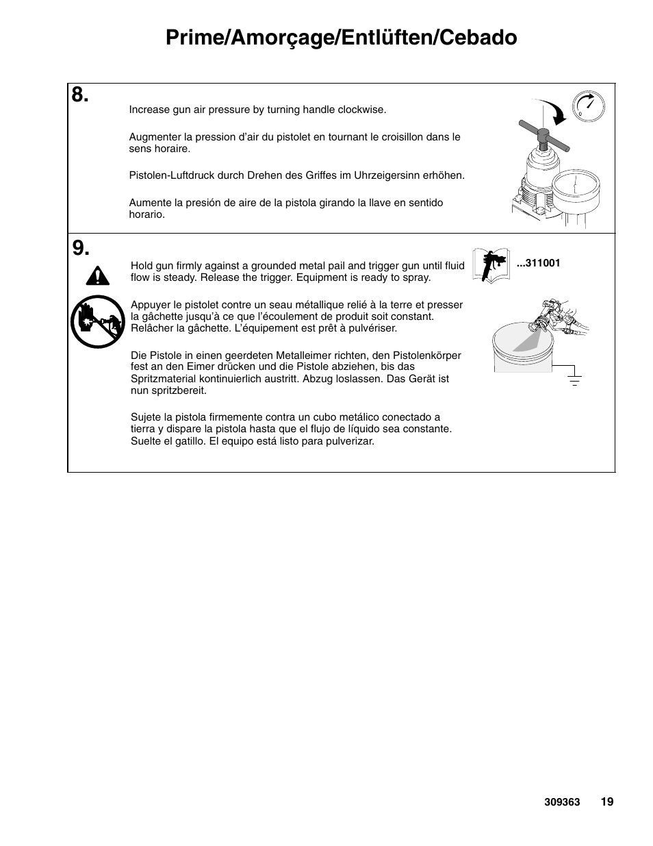 Prime/amorçage/entlüften/cebado 8 | Graco Inc. Xtreme 309363E User Manual | Page 19 / 28