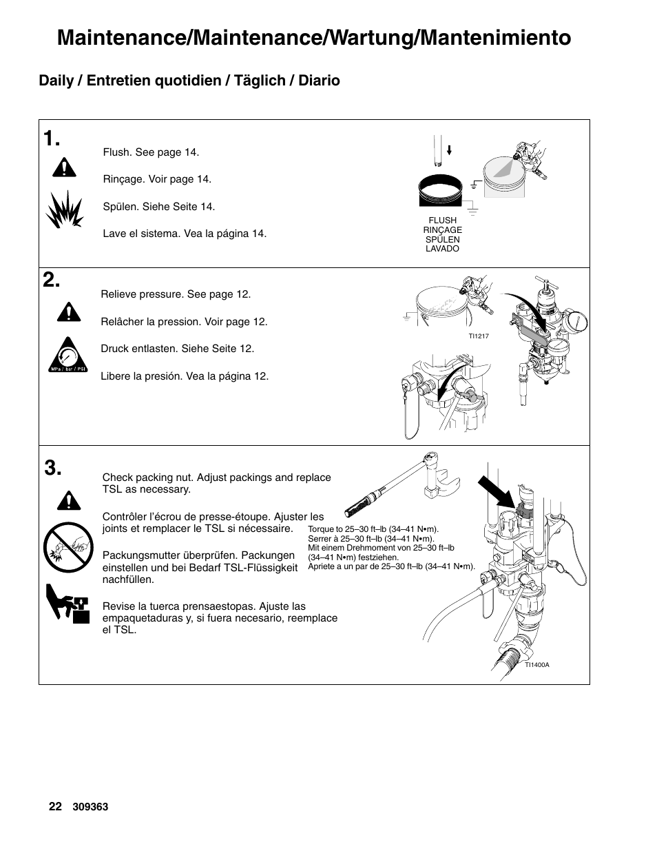 Maintenance/maintenance/wartung/mantenimiento, Daily / entretien quotidien / täglich / diario | Graco Inc. Xtreme 309363E User Manual | Page 22 / 28