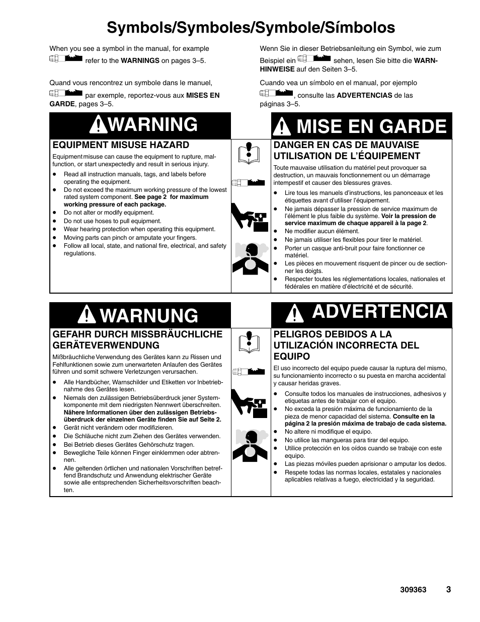 Warning mise en garde, Warnung advertencia, Symbols/symboles/symbole/símbolos | Graco Inc. Xtreme 309363E User Manual | Page 3 / 28