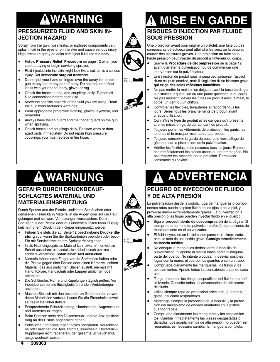 Warning mise en garde, Warnung advertencia, Pressurized fluid and skin in- jection hazard | Risques d’injection par fluide sous pression, Peligro de inyección de fluido y de alta presión | Graco Inc. Xtreme 309363E User Manual | Page 4 / 28