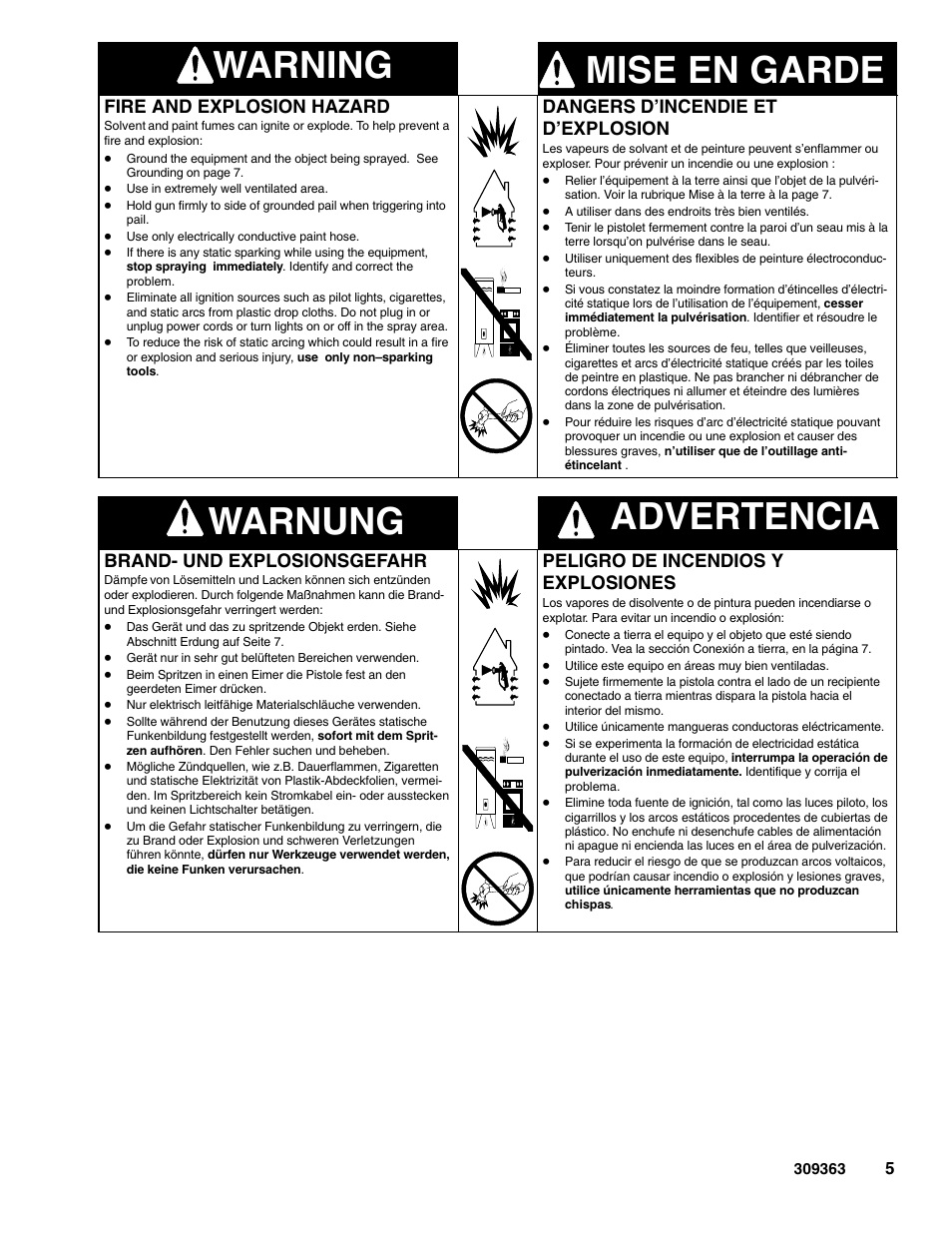 Warning mise en garde, Warnung advertencia, Fire and explosion hazard | Dangers d’incendie et d’explosion, Brand- und explosionsgefahr, Peligro de incendios y explosiones | Graco Inc. Xtreme 309363E User Manual | Page 5 / 28
