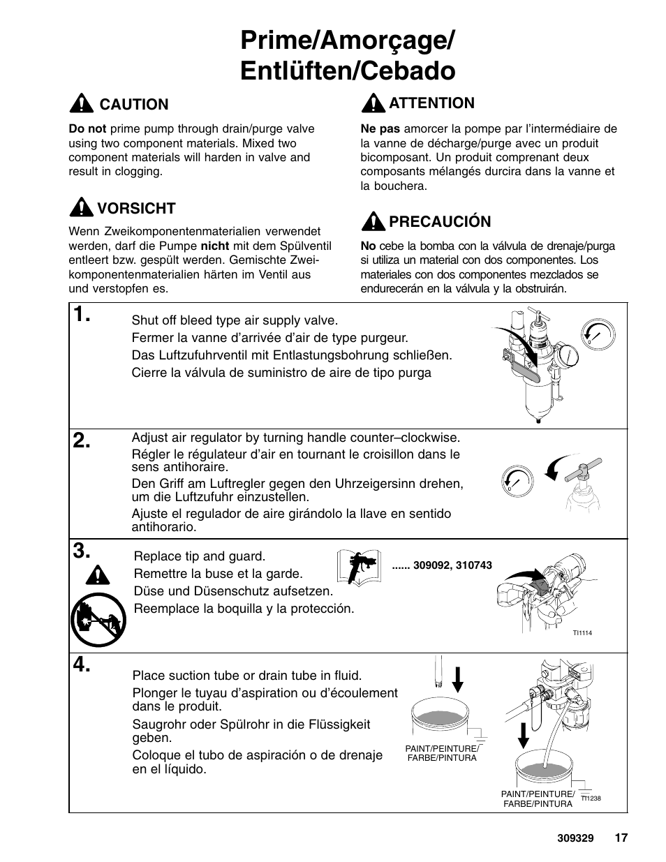 Prime/amorçage/ entlüften/cebado | Graco Inc. Xtreme 309329 User Manual | Page 17 / 26
