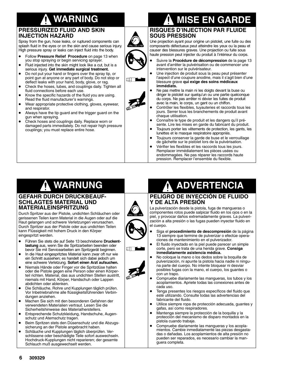 Warning mise en garde, Warnung advertencia, Pressurized fluid and skin injection hazard | Risques d’injection par fluide sous pression, Peligro de inyección de fluido y de alta presión | Graco Inc. Xtreme 309329 User Manual | Page 6 / 26
