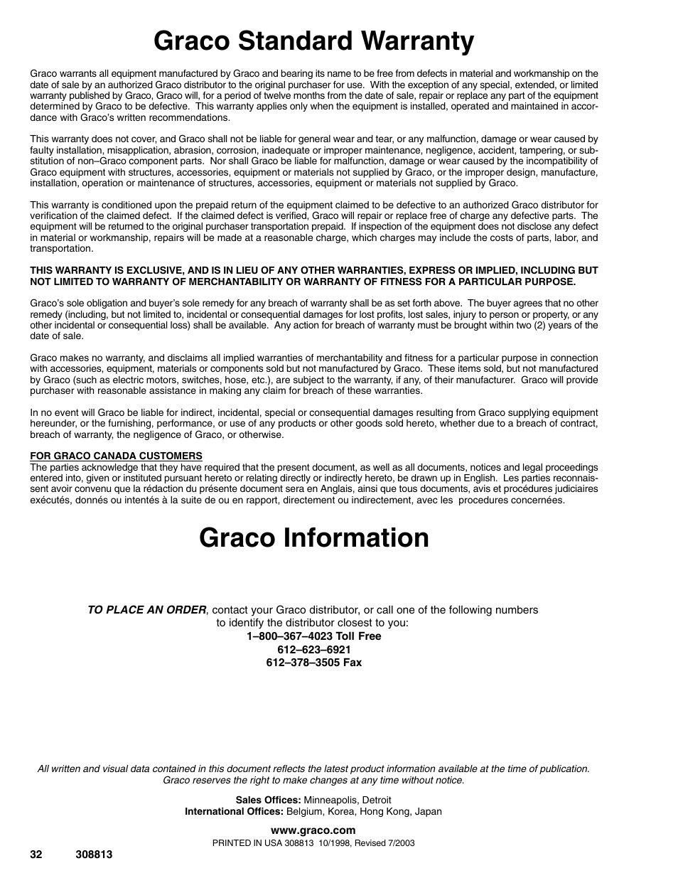 Graco standard warranty, Graco information | Graco Inc. 233670 User Manual | Page 32 / 32
