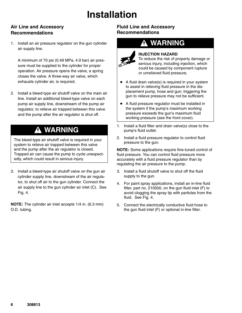 Installation, Warning | Graco Inc. 233670 User Manual | Page 6 / 32