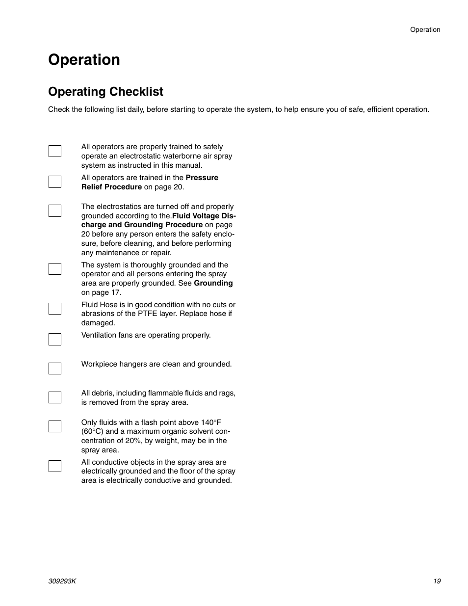 Operation, Operating checklist | Graco Inc. 244581 User Manual | Page 19 / 70