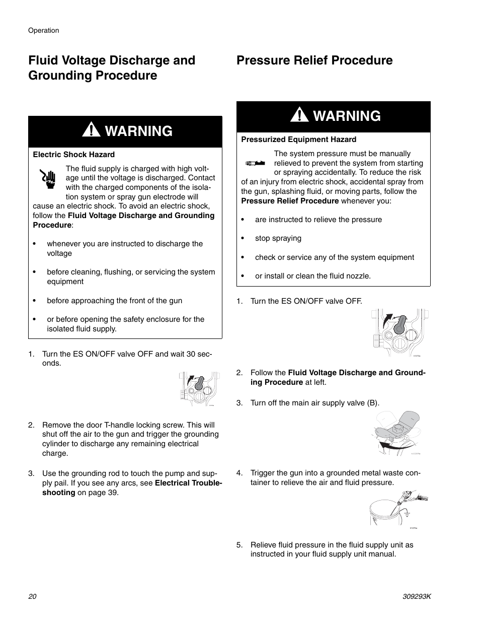 Fluid voltage discharge and grounding procedure, Pressure relief procedure, 20 wh | E 20, Ge 20, Fluid voltage dis- charge and grounding procedure, Warning | Graco Inc. 244581 User Manual | Page 20 / 70