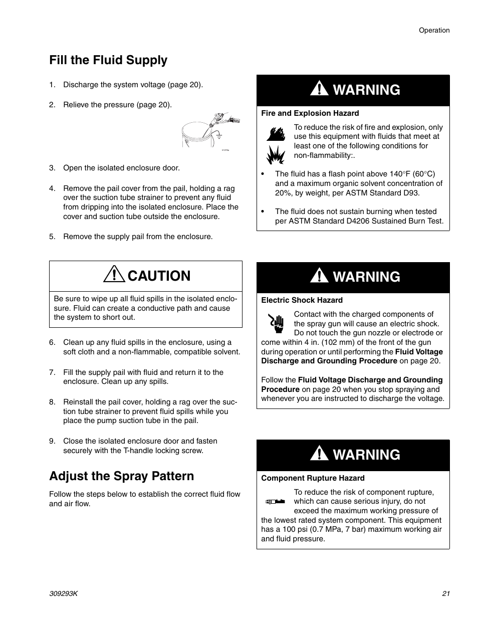 Fill the fluid supply, Adjust the spray pattern, Caution | Warning | Graco Inc. 244581 User Manual | Page 21 / 70