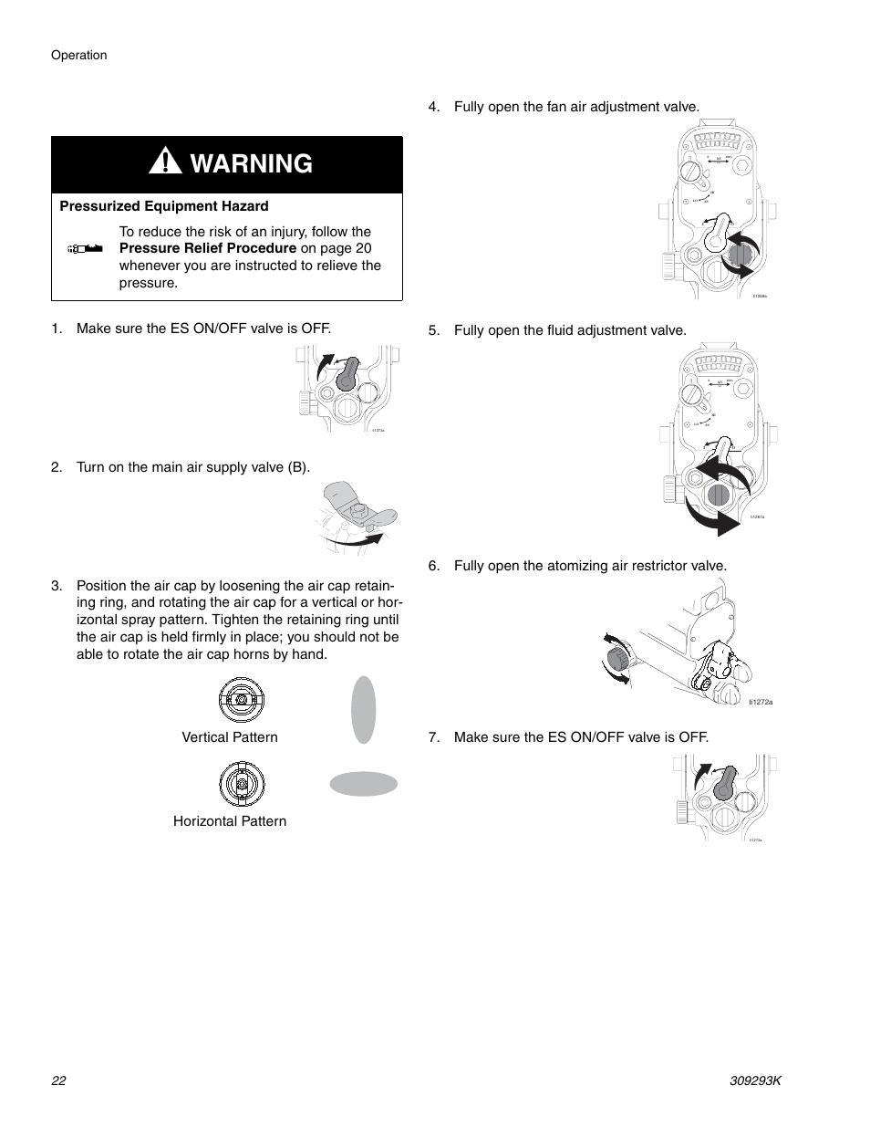 Warning, Vertical pattern horizontal pattern | Graco Inc. 244581 User Manual | Page 22 / 70