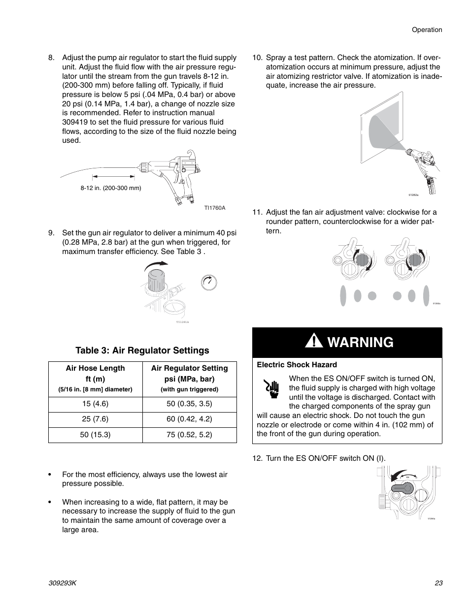 Warning, Table 3: air regulator settings | Graco Inc. 244581 User Manual | Page 23 / 70