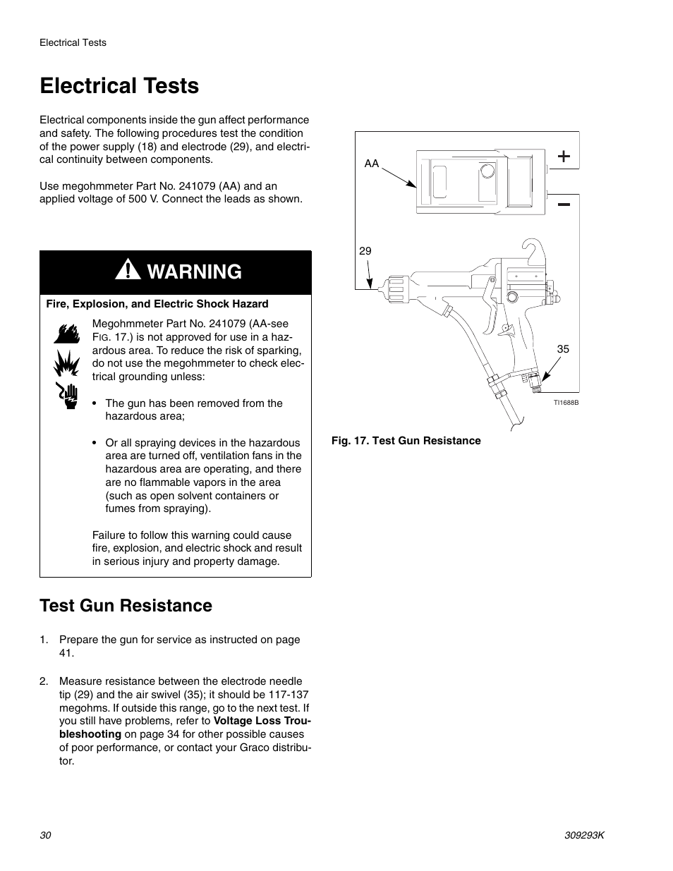 Electrical tests, Test gun resistance, See test gun resistance on | Warning | Graco Inc. 244581 User Manual | Page 30 / 70