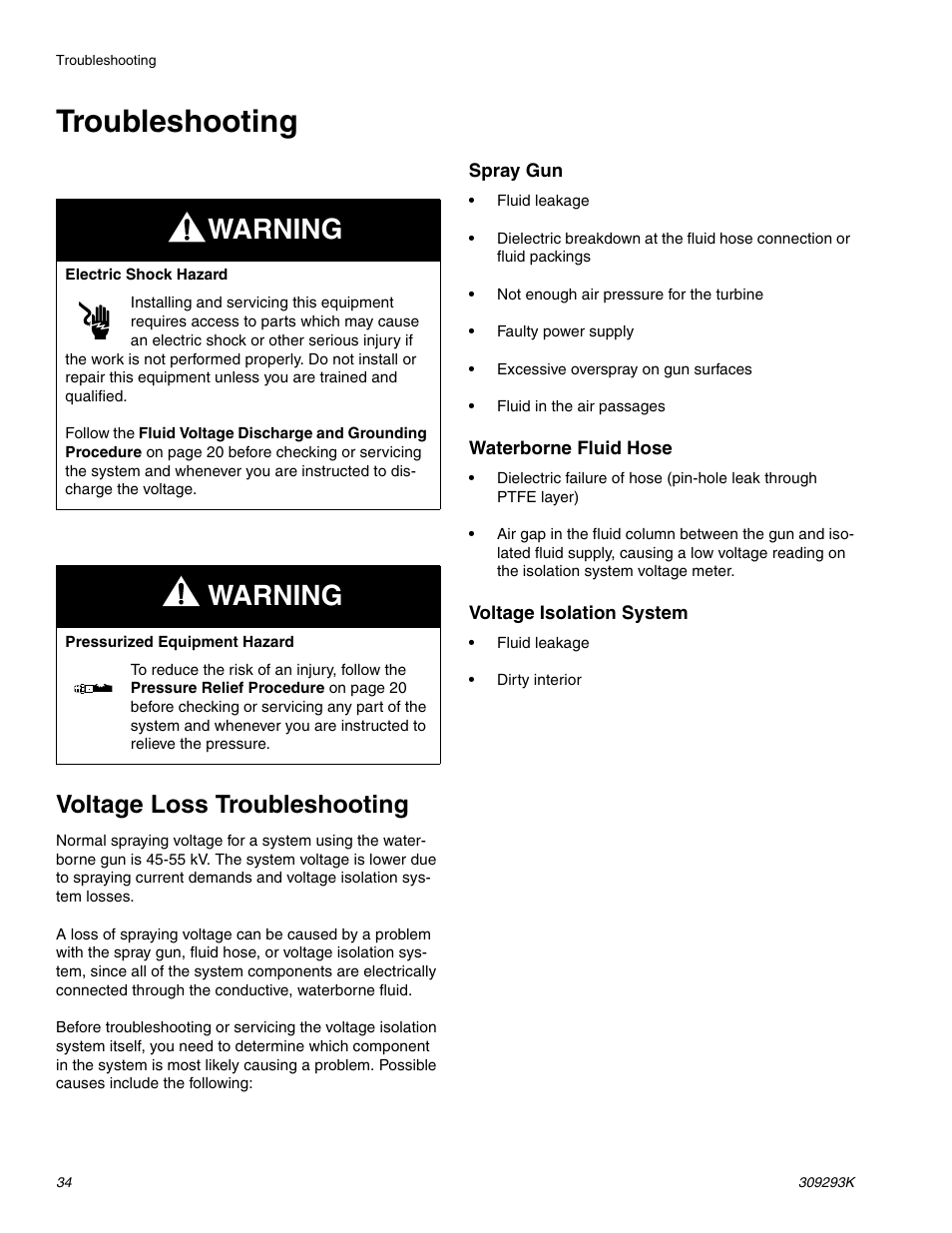 Troubleshooting, Voltage loss troubleshooting, Voltage loss trou- bleshooting | 34 f, Warning | Graco Inc. 244581 User Manual | Page 34 / 70