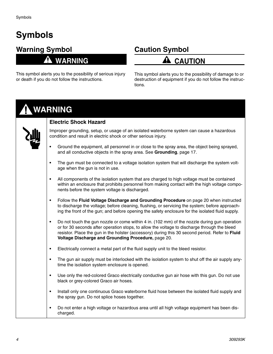 Symbols, Warning symbol, Caution symbol | Warning, Warning caution | Graco Inc. 244581 User Manual | Page 4 / 70