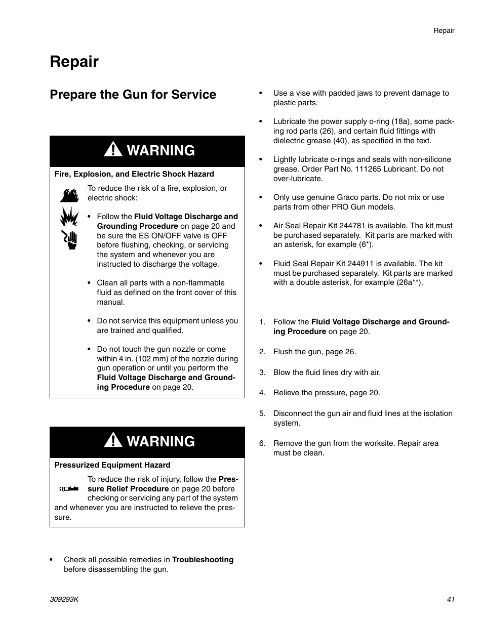 Repair, Prepare the gun for service, Warning | Graco Inc. 244581 User Manual | Page 41 / 70