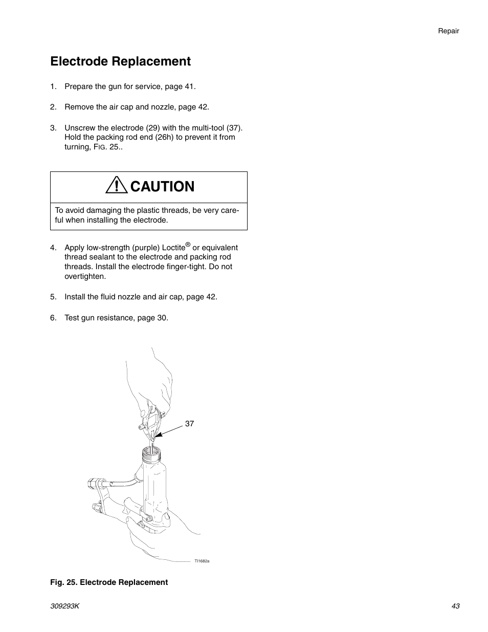 Electrode replacement, E 43, Caution | Graco Inc. 244581 User Manual | Page 43 / 70