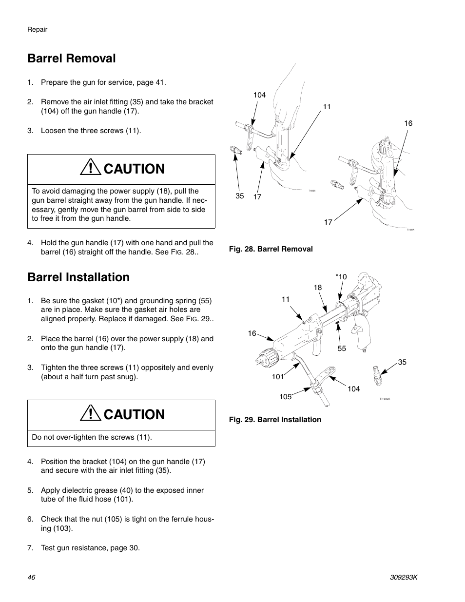 Barrel removal, Barrel installation, Caution | Graco Inc. 244581 User Manual | Page 46 / 70