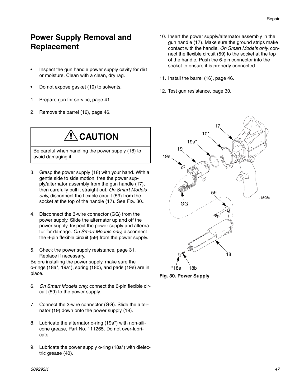 Power supply removal and replacement, Ge 47, Caution | Graco Inc. 244581 User Manual | Page 47 / 70