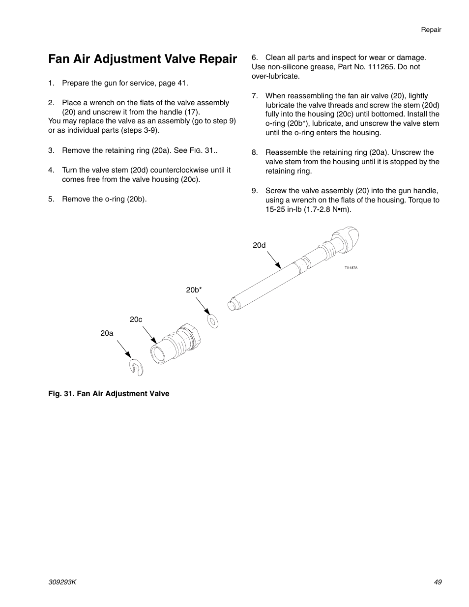 Fan air adjustment valve repair | Graco Inc. 244581 User Manual | Page 49 / 70