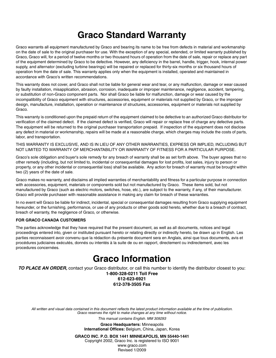 Graco standard warranty, Graco information | Graco Inc. 244581 User Manual | Page 70 / 70