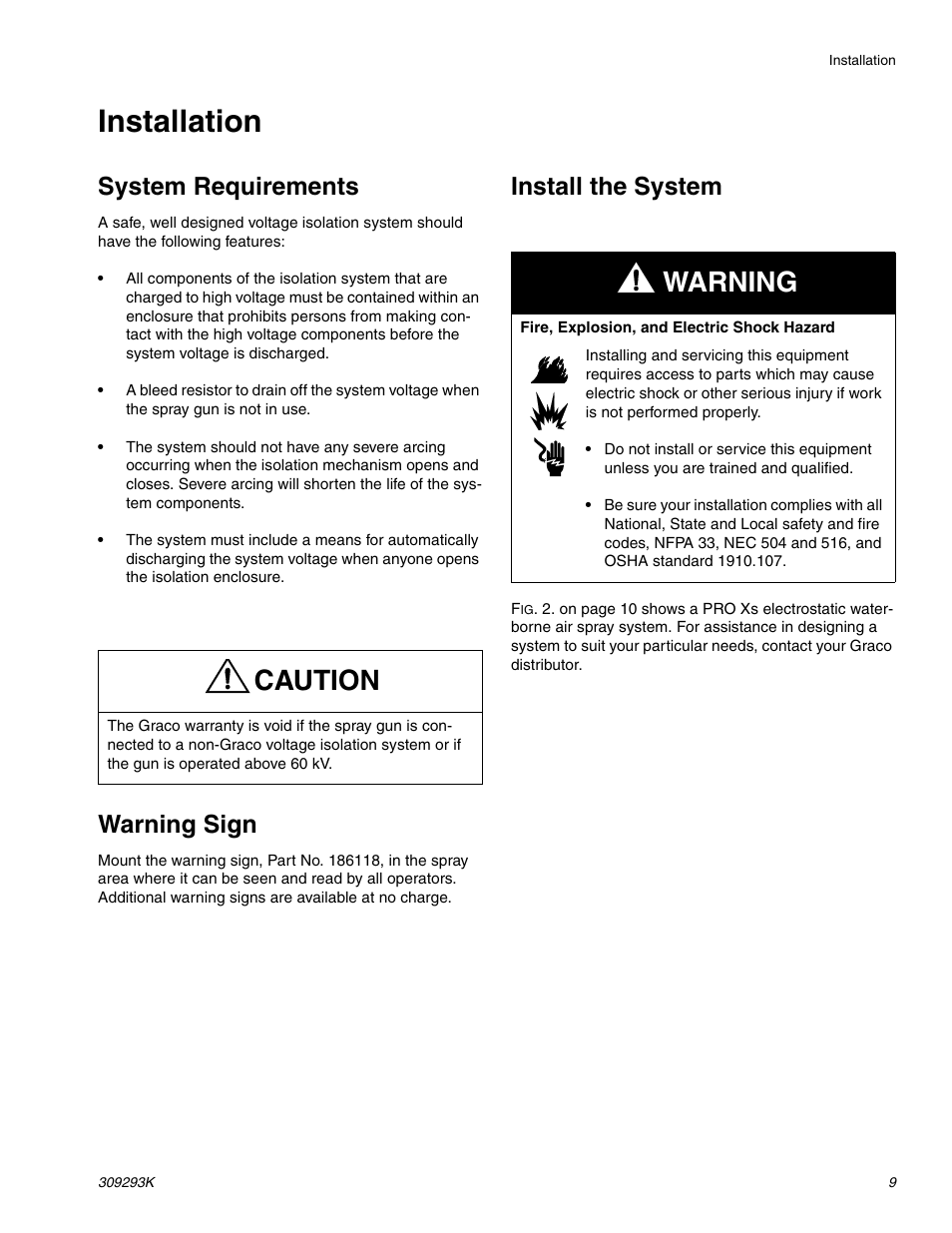 Installation, System requirements, Warning sign | Install the system, Caution, Warning | Graco Inc. 244581 User Manual | Page 9 / 70