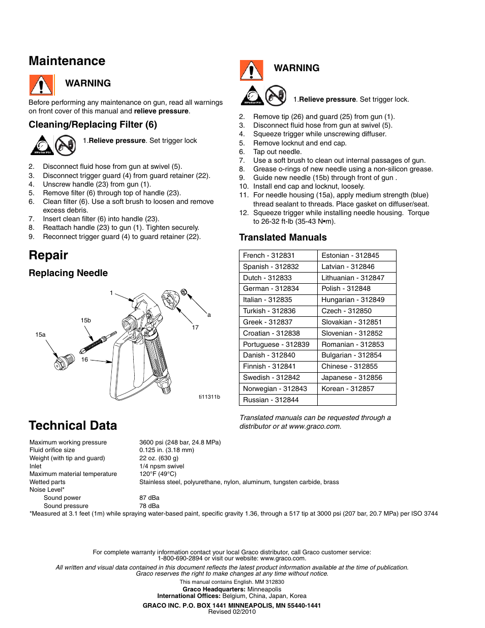 Maintenance, Repair, Technical data | Cleaning/replacing filter (6), Replacing needle, Translated manuals, Warning | Graco Inc. 243012 User Manual | Page 4 / 4