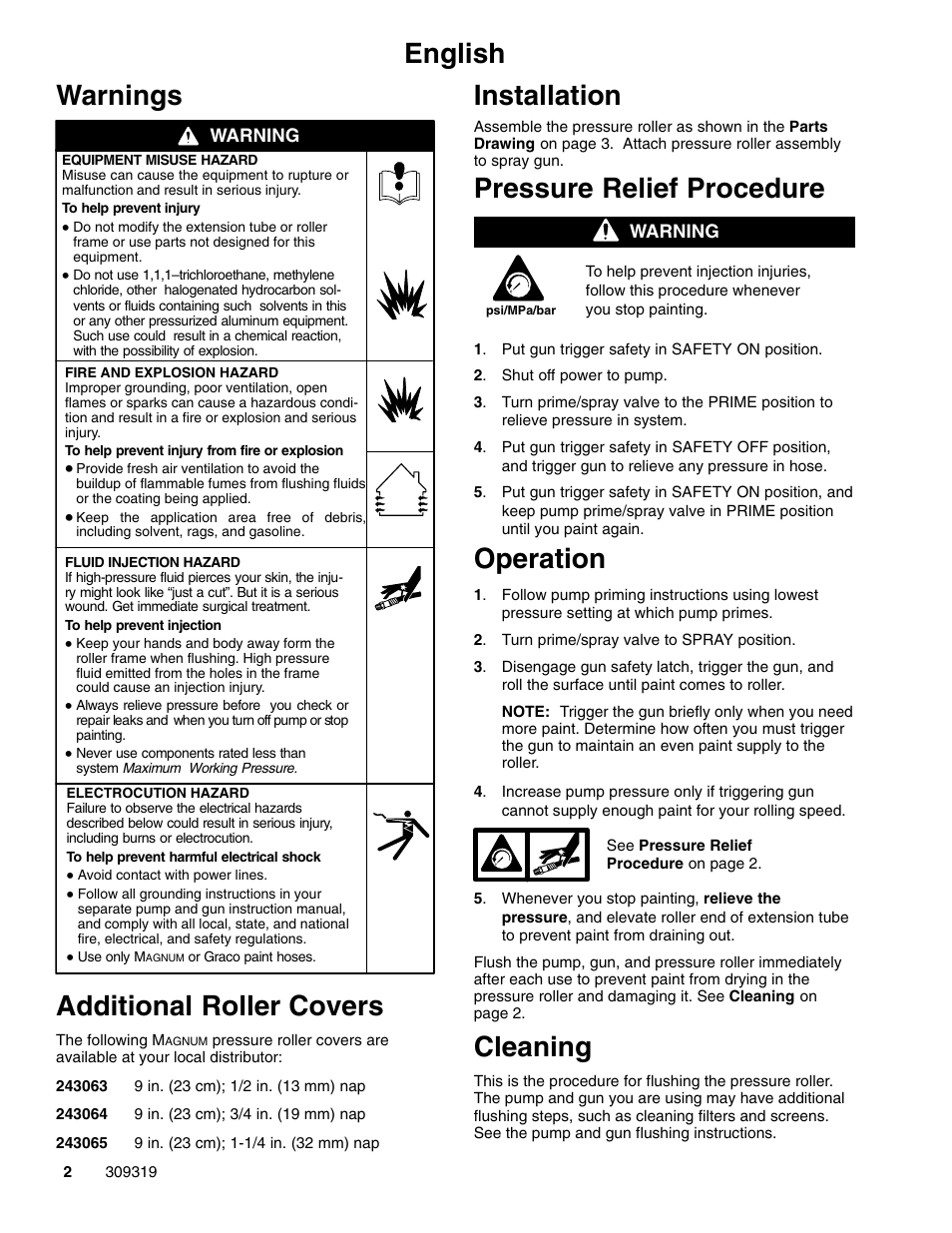 Parts list, English warnings, Additional roller covers | Installation, Pressure relief procedure, Operation, Cleaning | Graco Inc. 309319 User Manual | Page 2 / 8