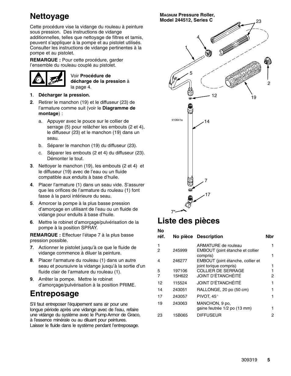 Nettoyage, Entreposage, Liste des pièces | Graco Inc. 309319 User Manual | Page 5 / 8