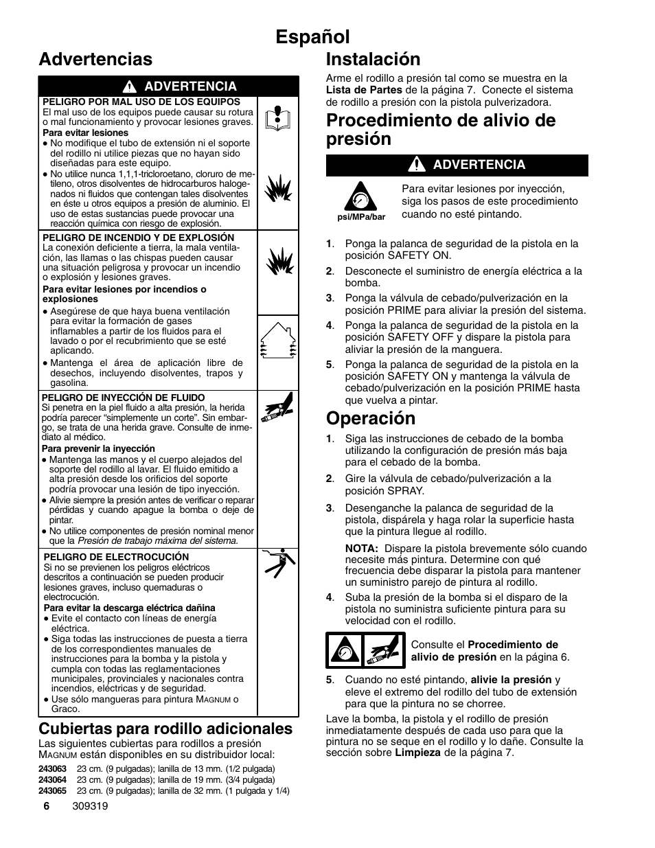 Lista de partes, Español, Advertencias | Instalación, Procedimiento de alivio de presión, Operación, Cubiertas para rodillo adicionales | Graco Inc. 309319 User Manual | Page 6 / 8