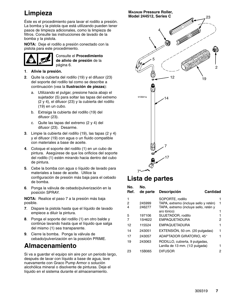 Limpieza, Almacenamiento, Lista de partes | Graco Inc. 309319 User Manual | Page 7 / 8