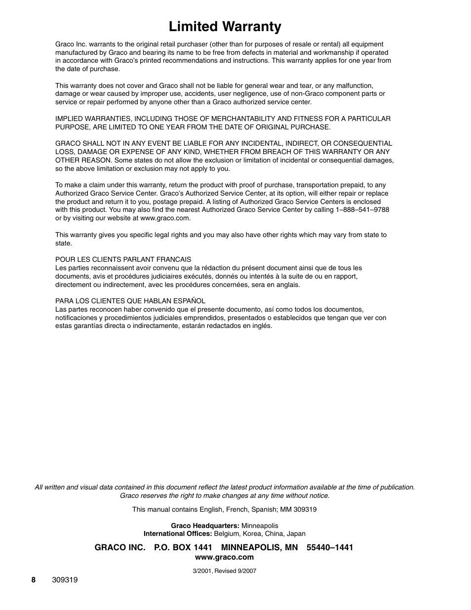 Limited warranty | Graco Inc. 309319 User Manual | Page 8 / 8
