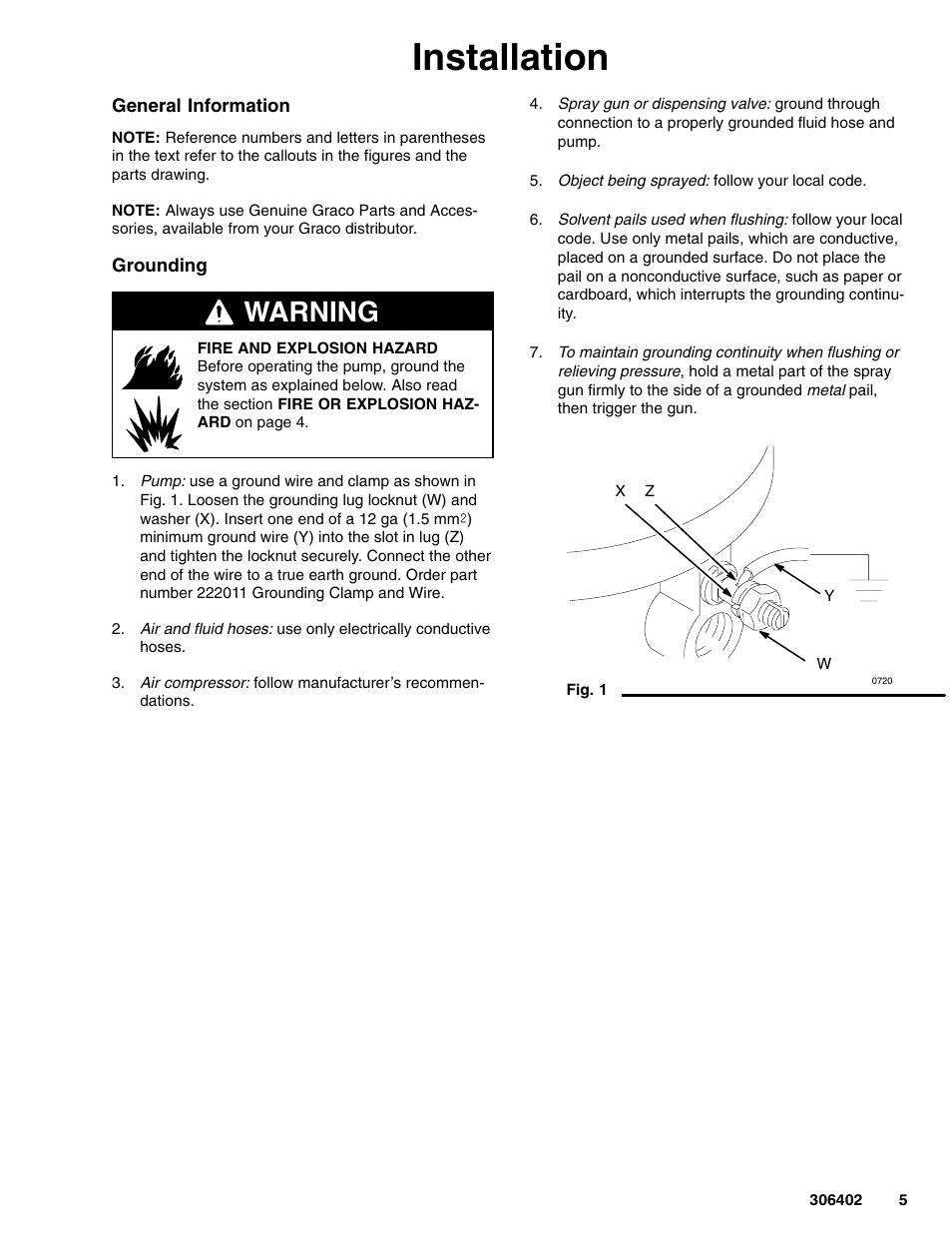 Installation, Warning | Graco Inc. 225886 User Manual | Page 5 / 12