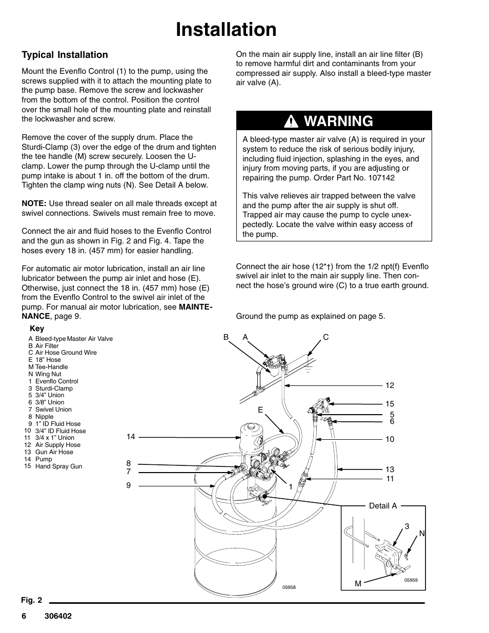 Installation, Warning | Graco Inc. 225886 User Manual | Page 6 / 12