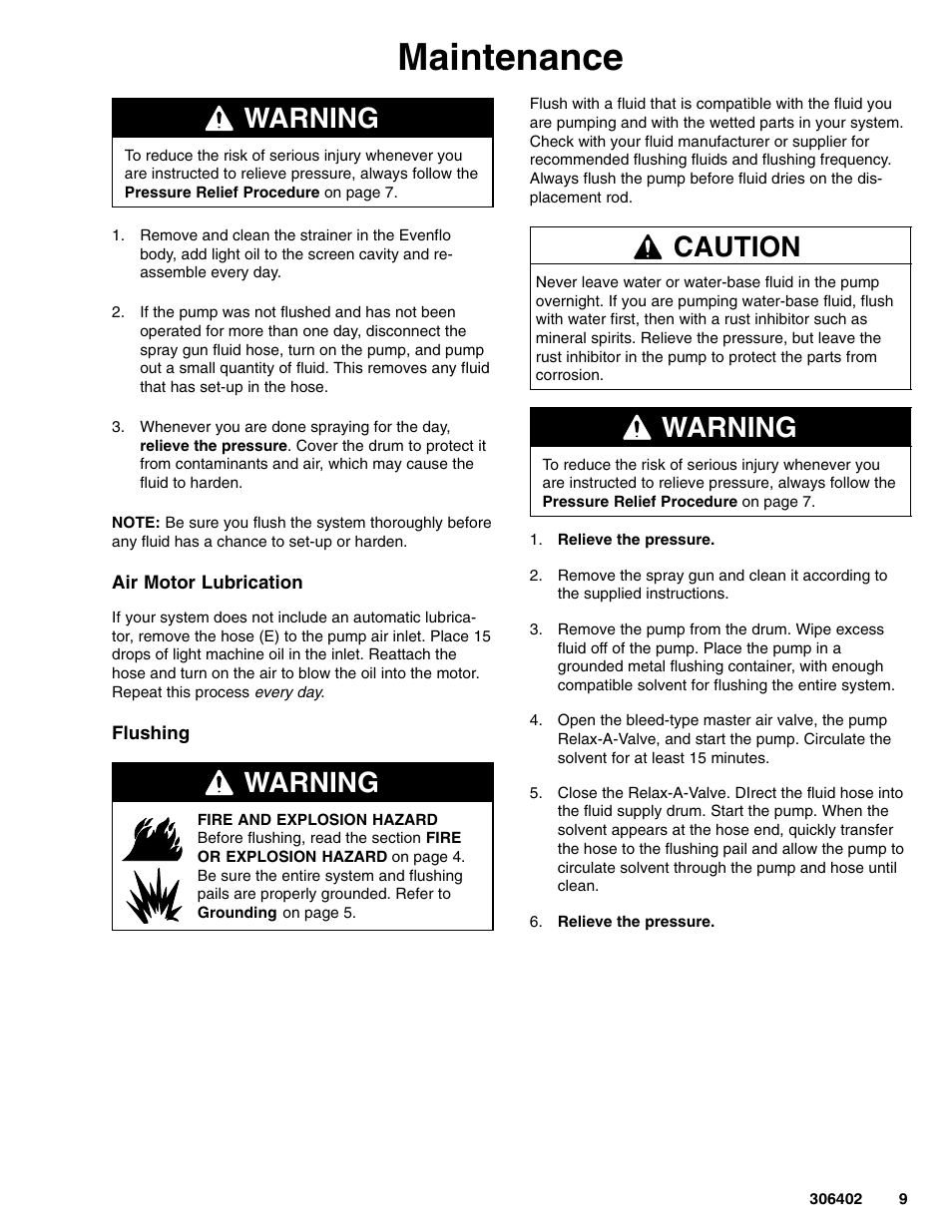 Maintenance, Warning, Caution | Graco Inc. 225886 User Manual | Page 9 / 12