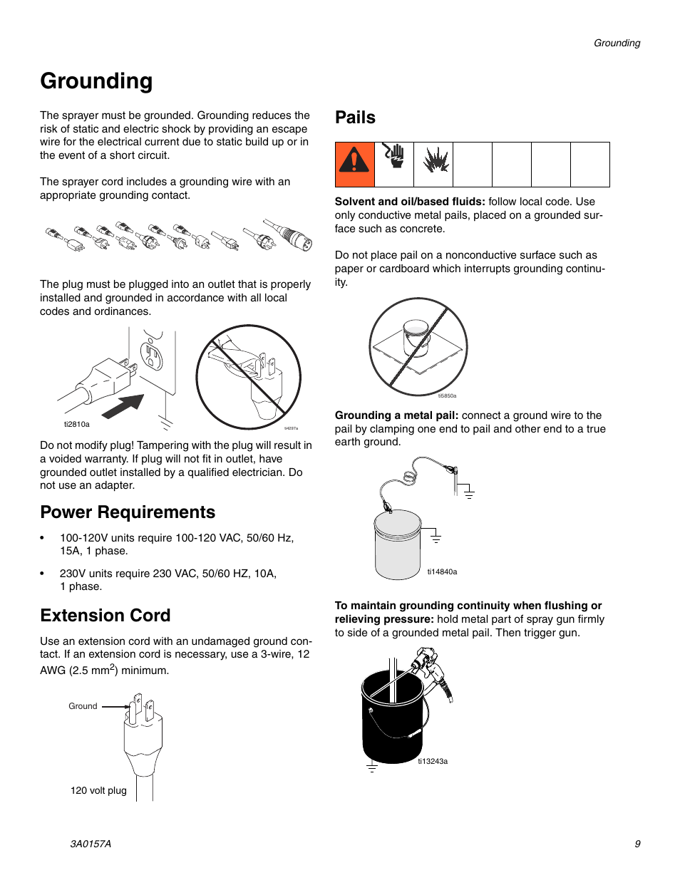 Grounding, Power requirements, Extension cord | Pails, Power requirements extension cord pails | Graco Inc. 1595 Premium Hi-Boy User Manual | Page 9 / 44