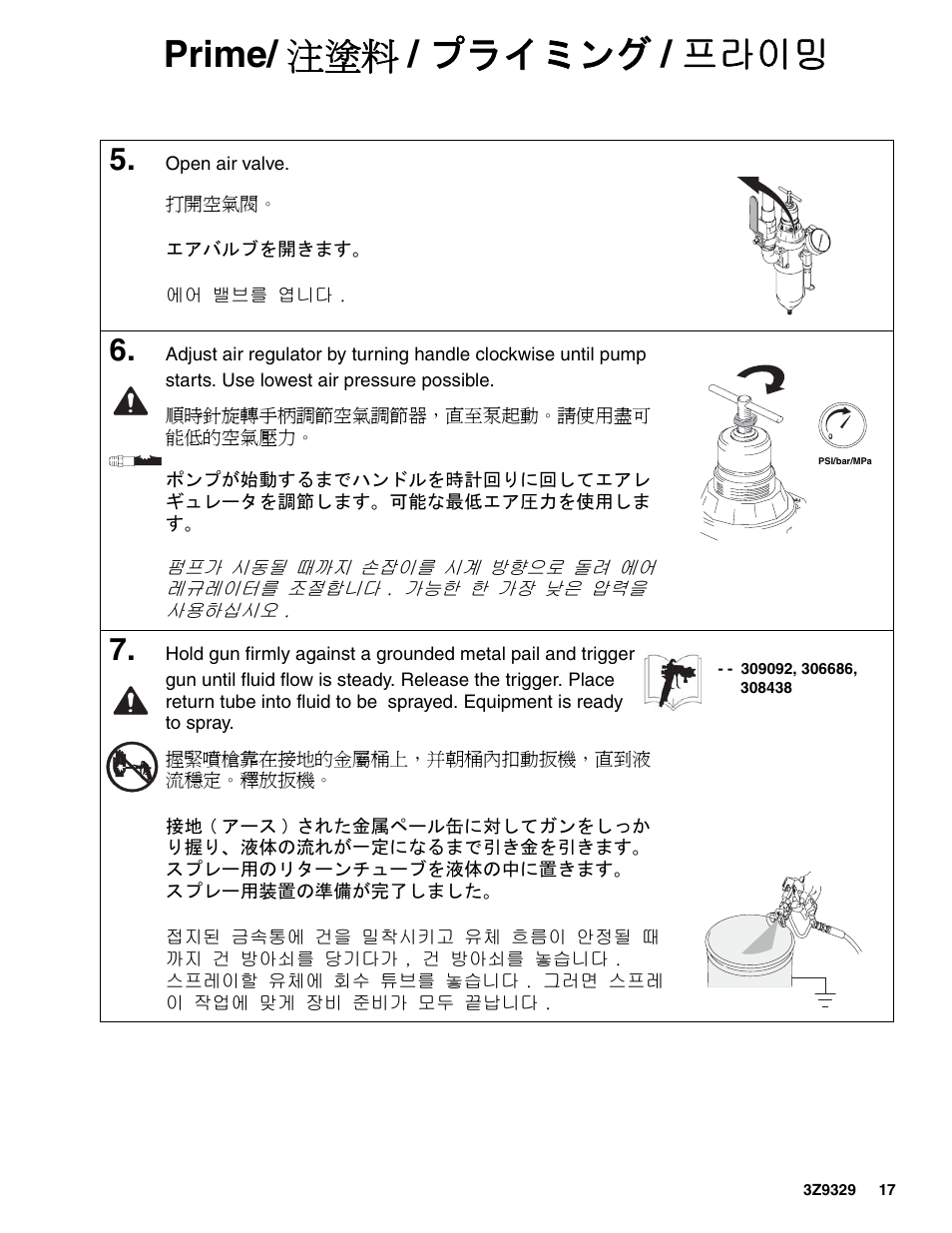 Prime/ 注塗料 / プライミング / 프라이밍 | Graco Inc. Xtreme 3Z9329L User Manual | Page 17 / 26