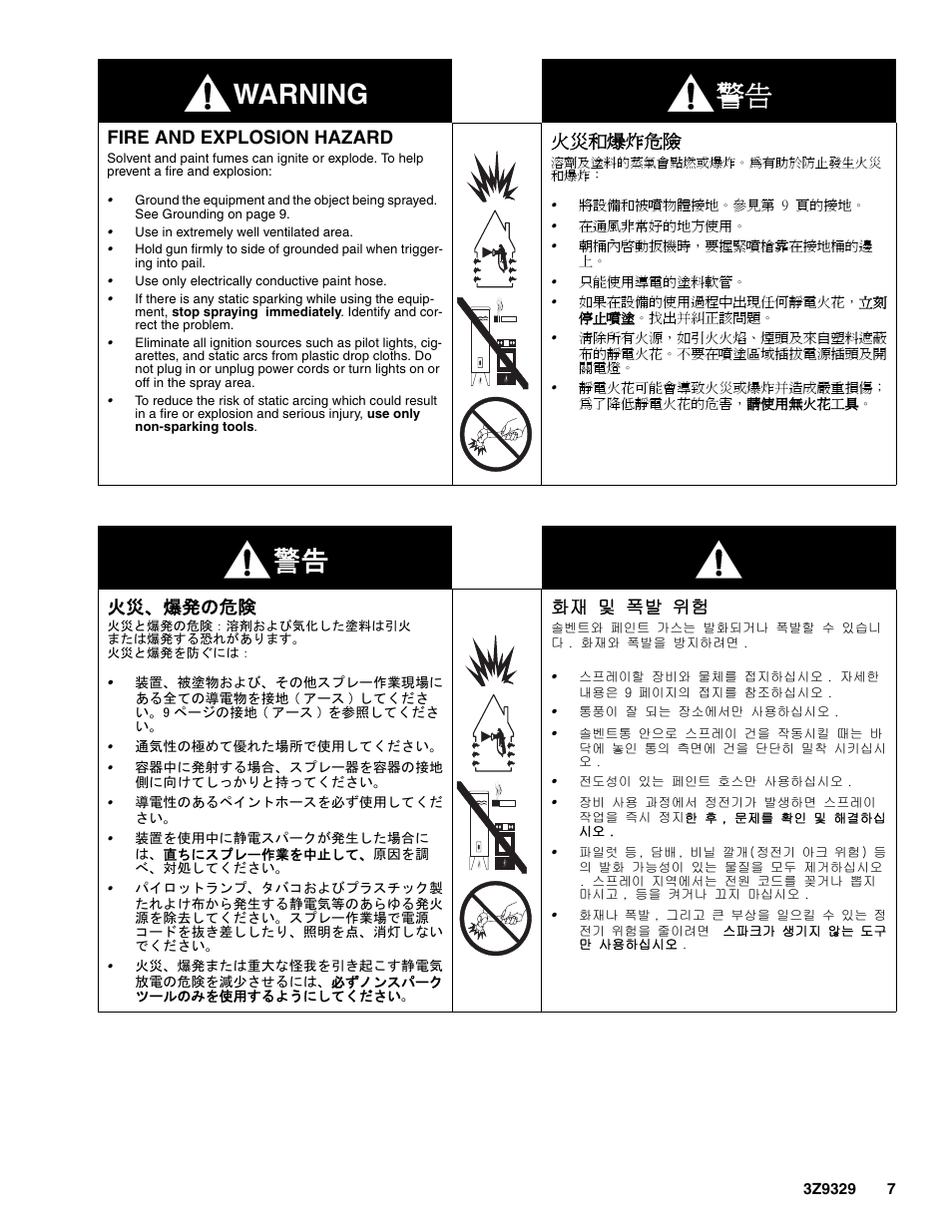 Ges 5-7, Warning 警告, Fire and explosion hazard | 火災和爆炸危險, 火災、爆発の危険, 화재 및 폭발 위험 | Graco Inc. Xtreme 3Z9329L User Manual | Page 7 / 26