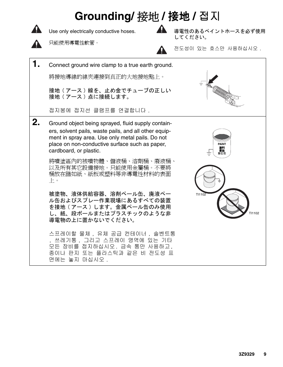 Grounding/ 接地 / 接地 / 접지 | Graco Inc. Xtreme 3Z9329L User Manual | Page 9 / 26