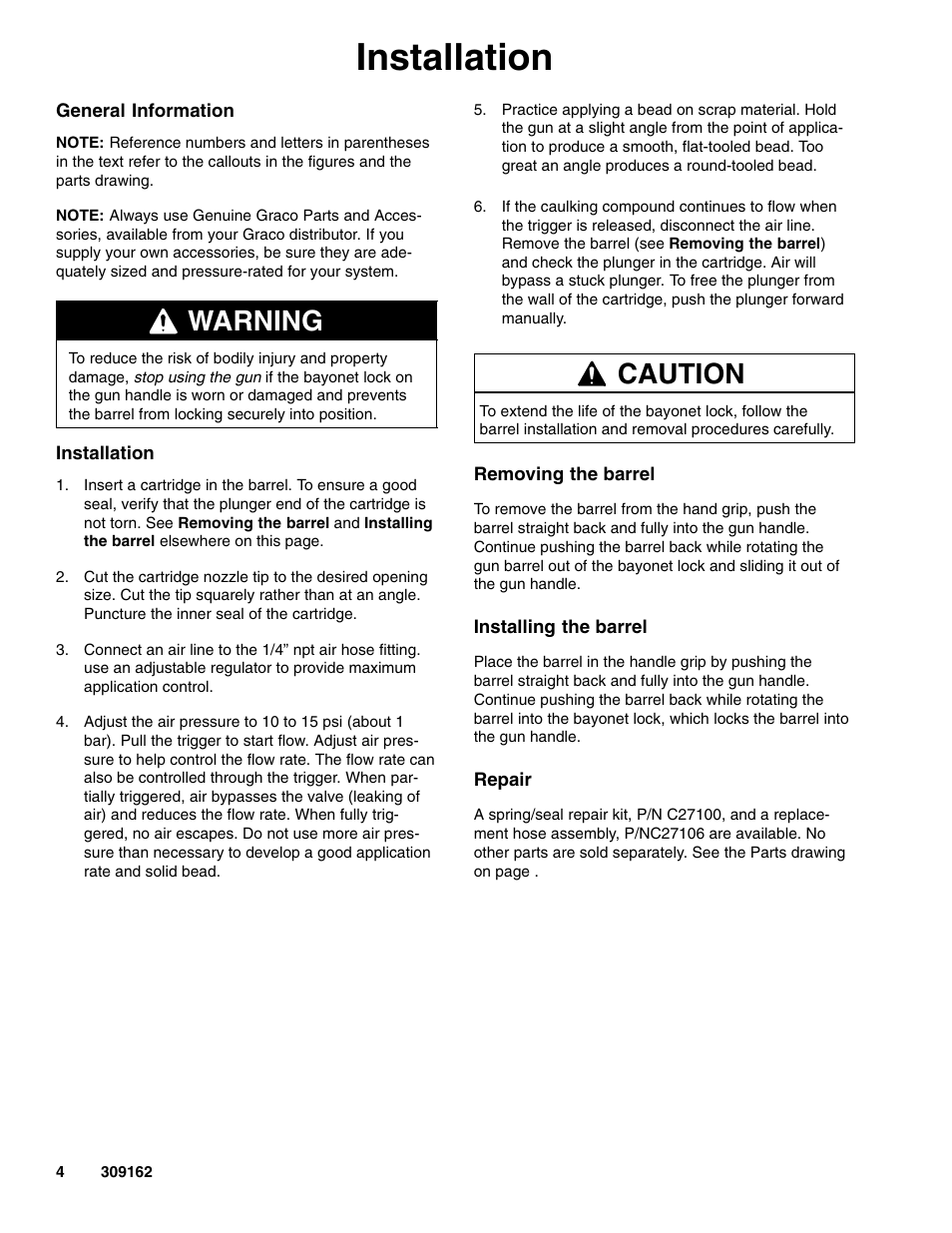 Installation, Warning, Caution | Graco Inc. Power Caulk C27098 User Manual | Page 4 / 6
