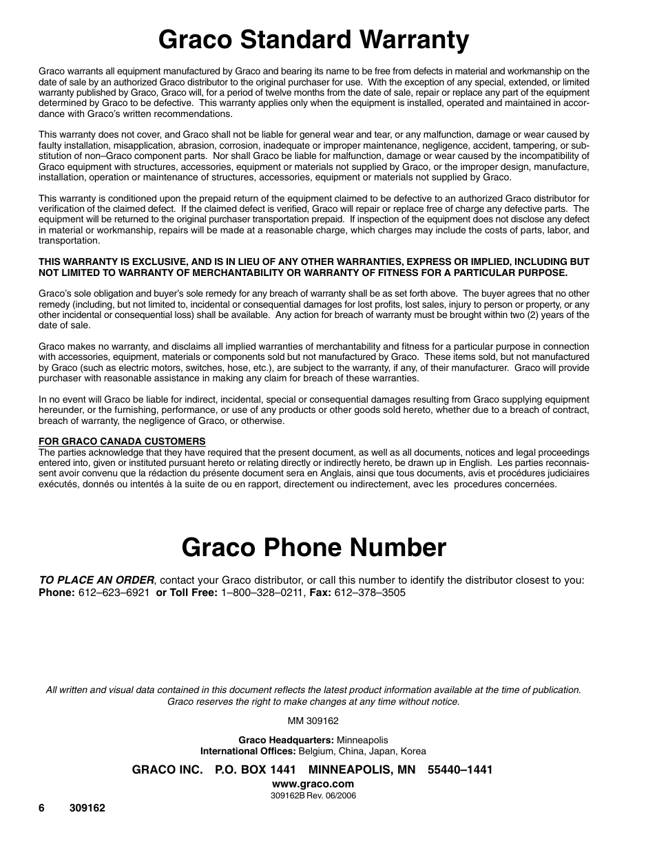 Graco standard warranty, Graco phone number | Graco Inc. Power Caulk C27098 User Manual | Page 6 / 6