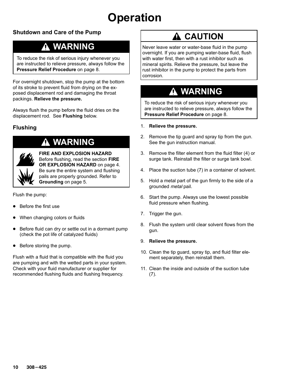 Operation, Warning, Caution | Graco Inc. 237-296 User Manual | Page 10 / 20